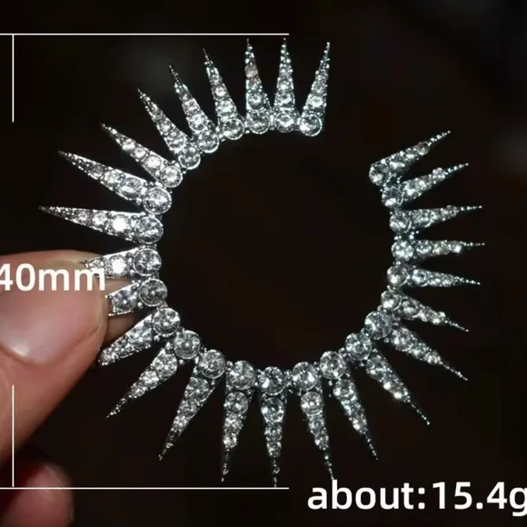 Lux! Silver Spike Rhinestone Hoop Earring – 40mm Statement Sparkle Circle - Picture 3 of 14